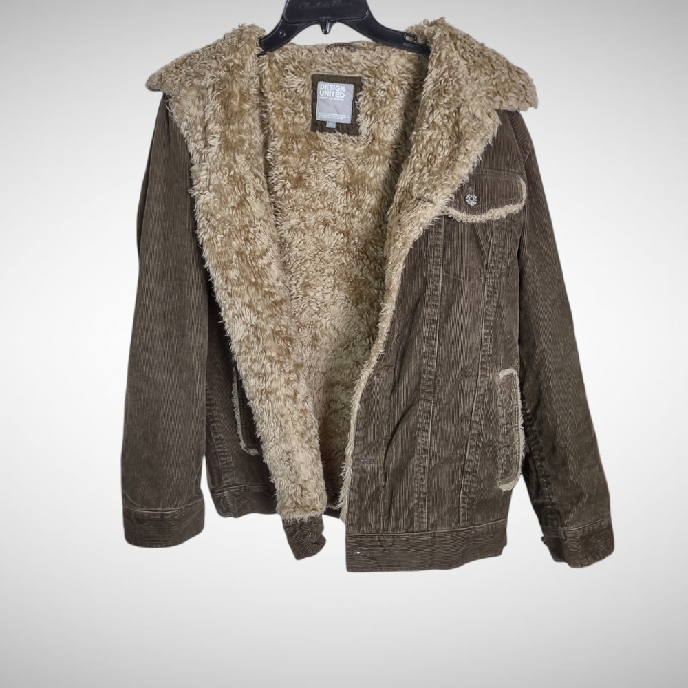 Design United green cord coat w/fuzzy lining and trim